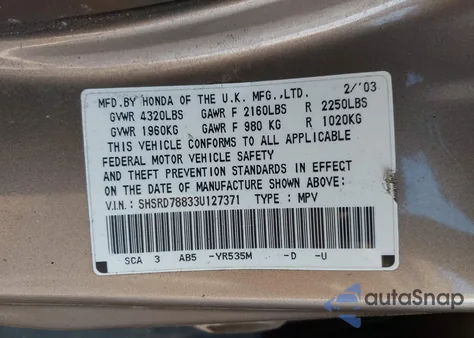 2003 Honda Cr-V Ex из США, поврежденный, VIN SHSRD78833U127371